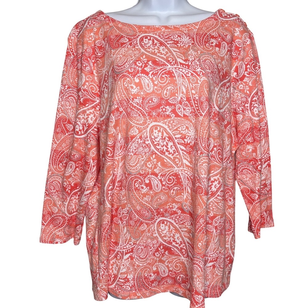 Charter Club Womens Orange Paisley Glitter Boat Neck Top Sz XXL Casual